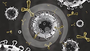 Coronavirus and antibody molecule from antiviral vaccine injection . Dark vignette background . Microscopic view of virus cell . photo