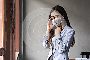 Coronavirus, Asian woman have a cold and symptoms coughing, fever, headache and pains