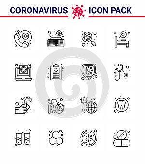 Coronavirus Awareness icon 16 Line icons. icon included coronavirus, hospital bed, scan virus, bed, magnifying