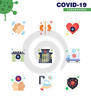 Coronavirus Awareness icon 9 Flat Color icons. icon included clinic, time, heart, medical, appointment