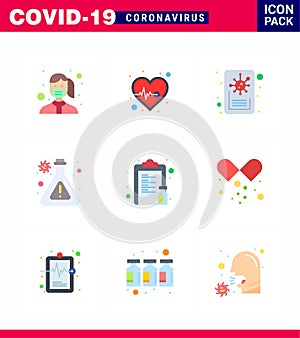 Coronavirus Awareness icon 9 Flat Color icons. icon included medicine, drug, health care, research, flask