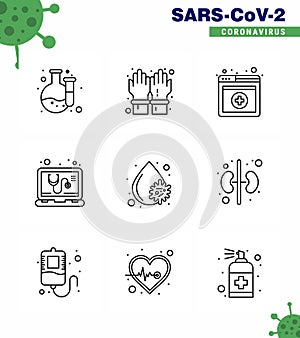 Coronavirus Awareness icon 9 Line icons. icon included  platelets, blood virus, online, blood, online