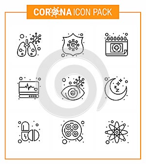 Coronavirus Awareness icon 9 Line icons. icon included  view, eye, calendar, medical monitor, medical