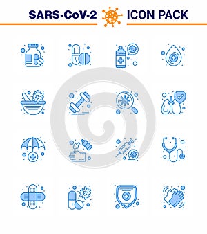 Coronavirus awareness icons. 16 Blue icon Corona Virus Flu Related such as virus vaccine, pharmacy, spray, medicine, drop