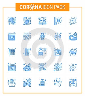 Coronavirus awareness icons. 25 Blue icon Corona Virus Flu Related such as pharmacy, hospital signboard, twenty seconds, hospital
