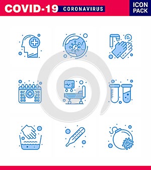 Coronavirus awareness icons. 9 Blue icon Corona Virus Flu Related such as hospital bed, medical, infection, calendar, twenty