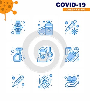 Coronavirus awareness icons. 9 Blue icon Corona Virus Flu Related such as virus, spray, hands care, solid, virus