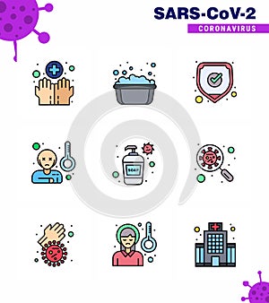 Coronavirus awareness icons. 9 Filled Line Flat Color icon Corona Virus Flu Related such as cream, temprature, medical, sick,