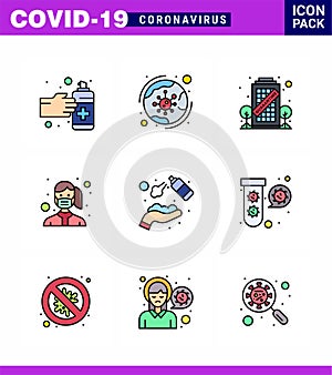 Coronavirus awareness icons. 9 Filled Line Flat Color icon Corona Virus Flu Related such as wear, protection, infection, mask,