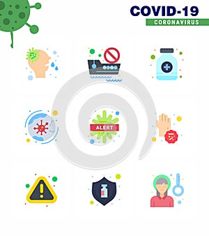 Coronavirus awareness icons. 9 Flat Color icon Corona Virus Flu Related such as alert, covid, pills, coronavirus, worldwide