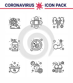 Coronavirus awareness icons. 9 Line icon Corona Virus Flu Related such as  blood bacteria, handcare, disease, hand, spray