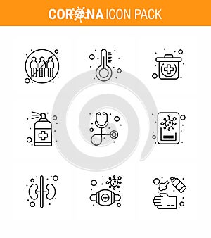 Coronavirus awareness icons. 9 Line icon Corona Virus Flu Related such as  diagnosis, handcare, thermometer, hand, spray
