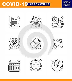 Coronavirus awareness icons. 9 Line icon Corona Virus Flu Related such as  medicine, science, food, lab, bio