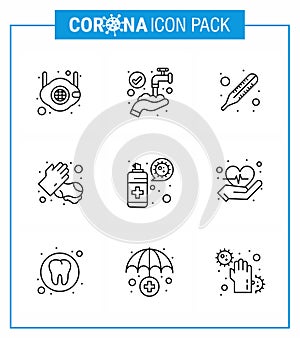 Coronavirus awareness icons. 9 Line icon Corona Virus Flu Related such as  spray, washing, washing, medical, soap