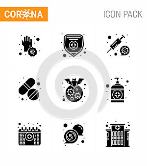 Coronavirus awareness icons. 9 Solid Glyph Black icon Corona Virus Flu Related such as carrier, care, coronavirus, tablet,