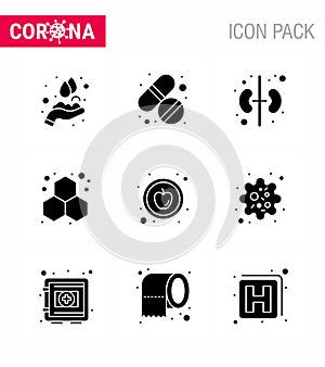 Coronavirus awareness icons. 9 Solid Glyph Black icon Corona Virus Flu Related such as healthy, apple, human, science, experiment