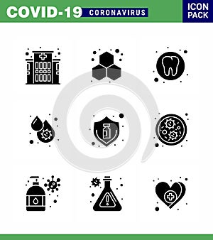 Coronavirus awareness icons. 9 Solid Glyph Black icon Corona Virus Flu Related such as protection, platelets, health, fever, blood