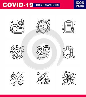 Coronavirus awareness icons. 9 Line icon Corona Virus Flu Related such as  bug, medicine, covid, report, healthcare