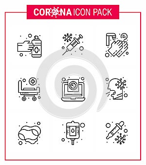 Coronavirus awareness icons. 9 Line icon Corona Virus Flu Related such as  file, wheels, hands, hospital, strature