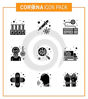 Coronavirus awareness icons. 9 Solid Glyph Black icon Corona Virus Flu Related such as sickness fever, pain, attach, headache, photo