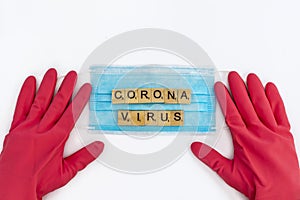 Coronavirus background with antivirus mask and rubber gloves