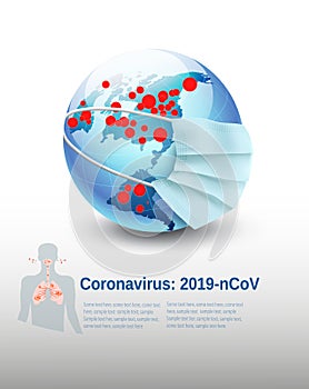 Coronavirus Background, COVID-19, Earth globe wearing protective Medical Surgical mask.