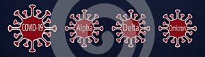 CORONAVIRUS banner panorama - Covid-19 virus variants alpha, delta and omicron on dark background illustration