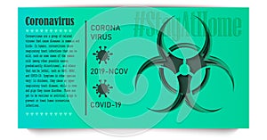 Coronavirus banner. Papercut style design with coronavirus elements. Biohazard symbol. Hashtag StayAtHome