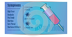Coronavirus banner. Papercut style design with coronavirus elements. Syringe symbol. Covid-19. Hashtag StayAtHome