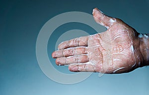 Coronavirus becomes ineffective with soap. the man`s soapy hand written covid - 19