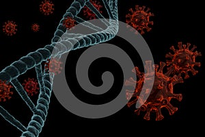 Coronavirus in black background and dna molecule. 3d model of coronavirus covid-19. Concept of the spread of virus and medical