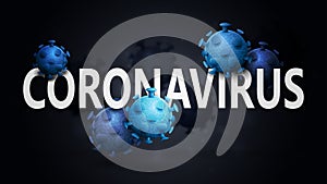 Coronavirus black concept with white great headline with blue 3D molecules of coronavirus around title