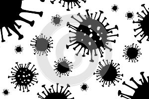 Coronavirus black vector background. 2019-nCoV bacteria on white. COVID-19 Wuhan corona virus disease sign. SARS