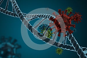 Coronavirus in blue background and dna molecule. 3d model of coronavirus covid-19. Concept of the spread of virus and medical