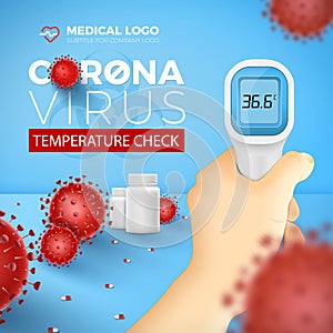 Coronavirus body temperature check during Covid-19 outbreak. Healthcare card with hand holding thermometer
