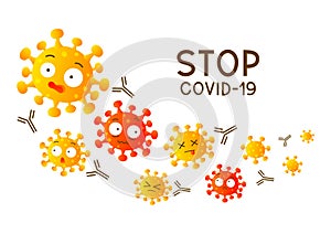 Coronavirus cartoon scared characters attacked by antibodies isolated on white background