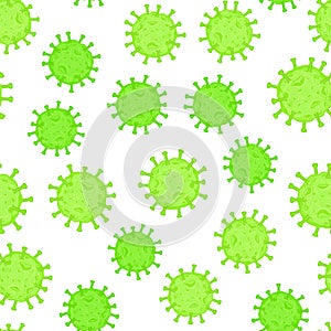 Coronavirus cell. Flu virus texture. Seamless pattern green color isolated on white background. Vector hand drawn