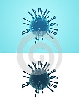 Coronavirus cells. 3D illustration on white and blue isolated