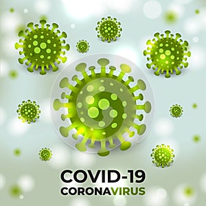 Coronavirus cells green bacterial on a color medical vector background with typography.