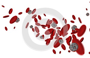 Coronavirus cells among red blood cells. 3D rendering.