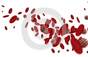 Coronavirus cells among red blood cells. 3D rendering.