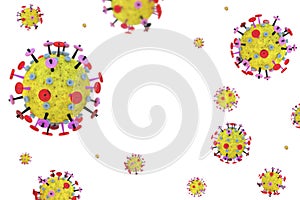 Coronavirus cells in on a white background with copy space. Yellow red microscopic 3D molecule model of flu virus.