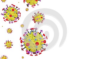 Coronavirus cells in on a white background with copy space. Yellow red microscopic 3D molecule model of flu virus. Concept of