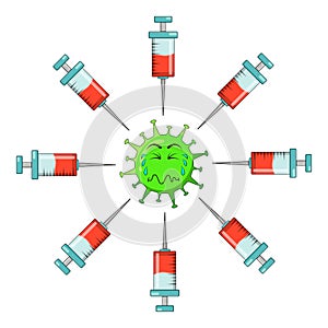 Coronavirus character being afraid vaccine injection shot cartoon symbol. Vector illustration isolated on white background
