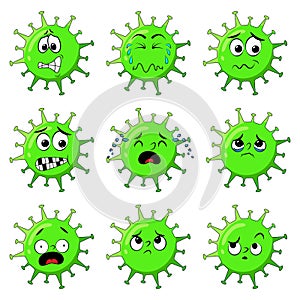 Coronavirus character showing worry and afraid expression. Cartoon set of stressed virus mascot with different face emotion like