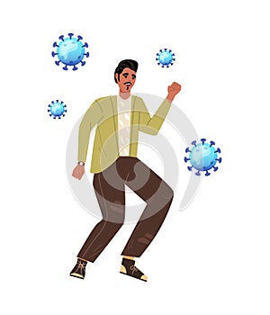 Coronavirus in China. Man flees in fear, fleeing coronavirus virus cartoon