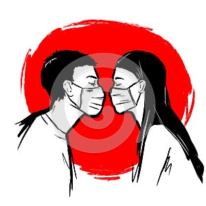 Coronavirus in China. Novel coronavirus 2019-nCoV, loving couple in white medical face mask. Concept of coronavirus quarantine