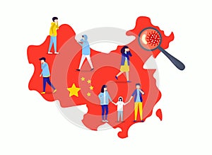 Coronavirus china wuhan epidemic disease vector illustration. Virus on China map, flu people in mask unhealthy, medical