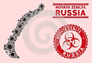Coronavirus Collage Novaya Zemlya Islands Map with Scratched Biohazard Stamp Seals
