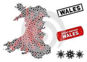 Coronavirus Collage Wales Map with Textured Watermarks